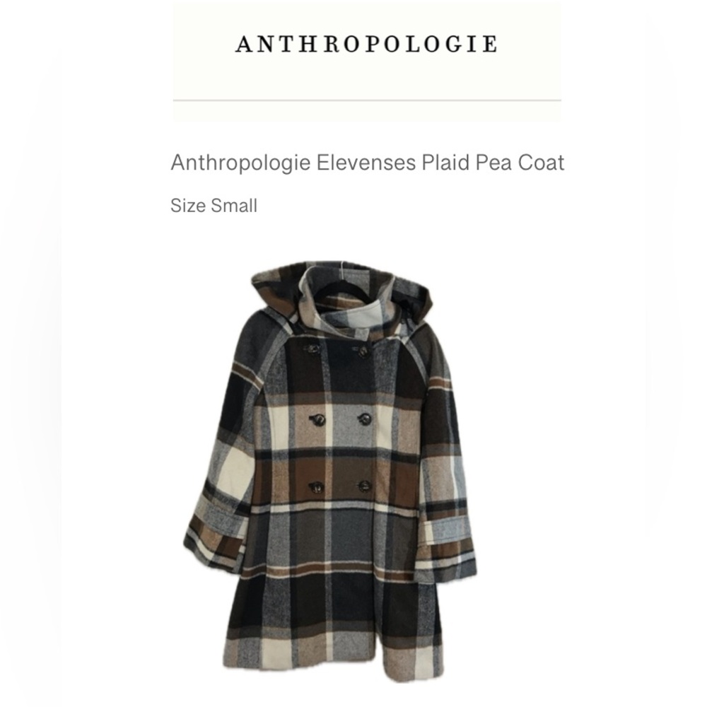 Anthropologie By Elevenses Hampden Plaid Pea Coat w/ Detachable Hood Size Small